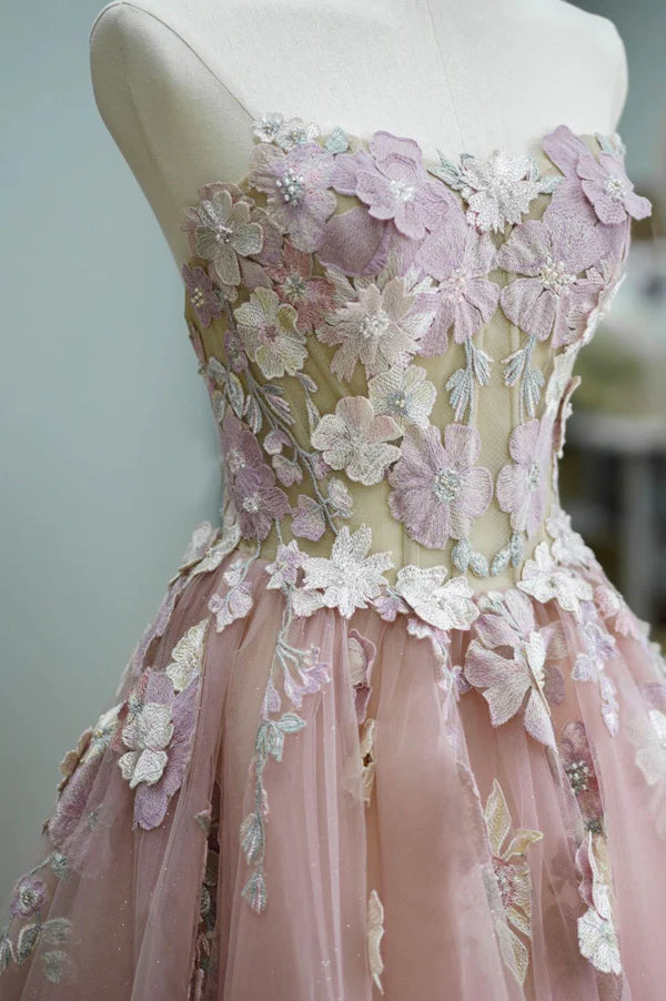 Wholesale Pink Tulle Lace Long Prom Dress Strapless A-Line Evening Graduation Dress